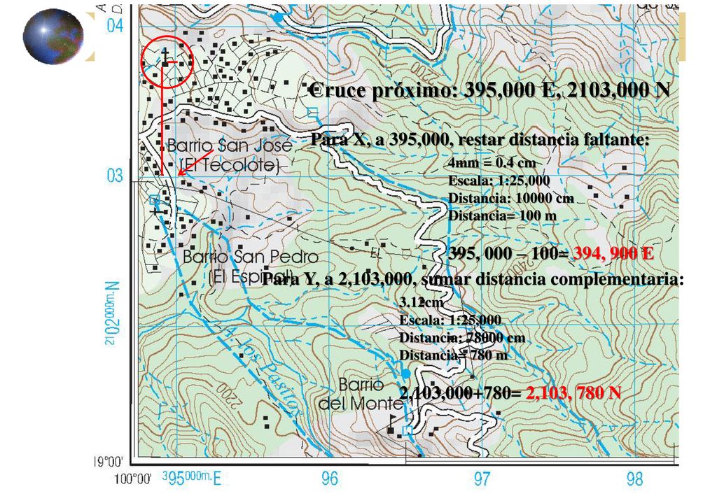 Cruce próximo: 395,000 E, 2103,000 N Para X, a 395,000, restar distancia faltante: 4mm = 0.4 cm. Escala: 1:25,000.