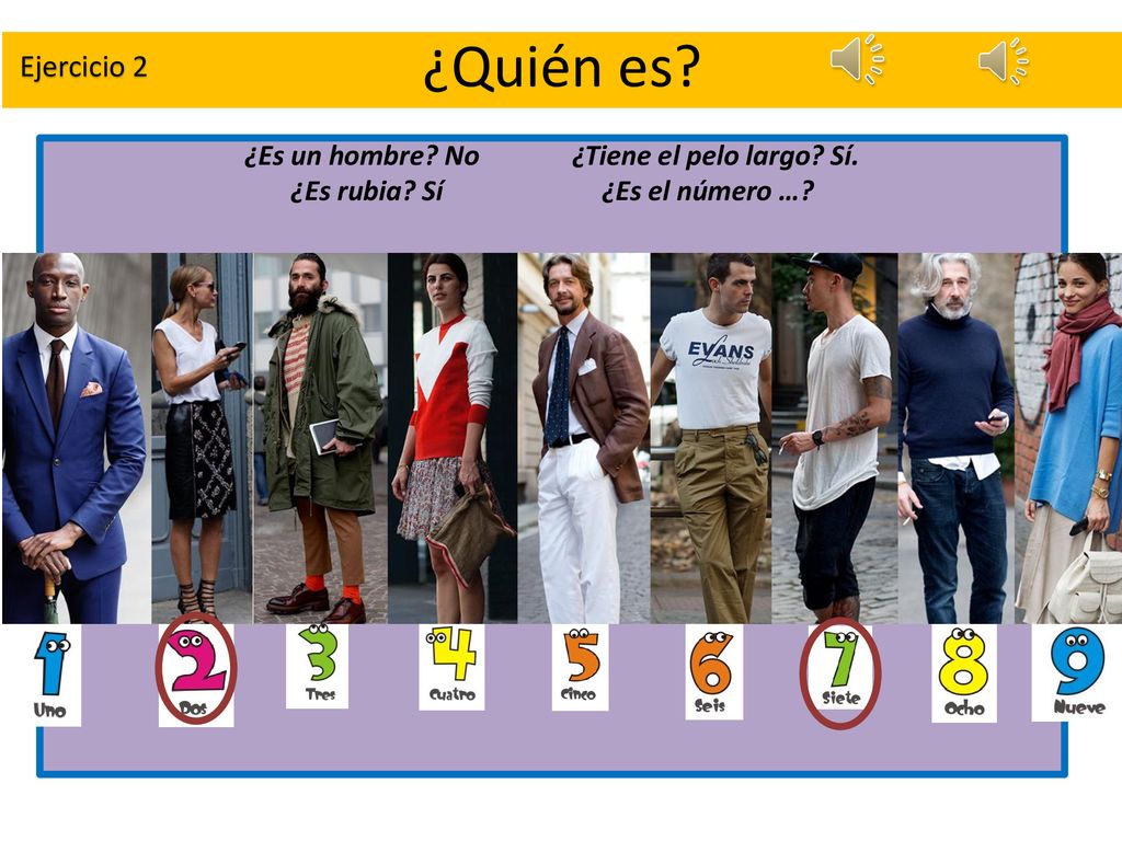 ¿Quién es Ejercicio 2 ¿Es un hombre No ¿Tiene el pelo largo Sí.