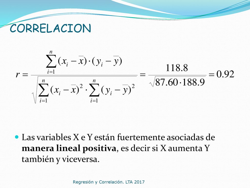 CORRELACION Las variables X e Y están fuertemente asociadas de manera lineal positiva, es decir si X aumenta Y también y viceversa.