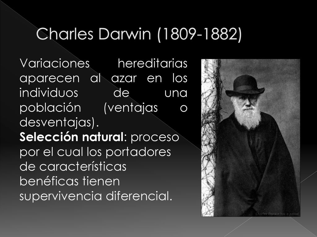 Charles Darwin ( ) Variaciones hereditarias aparecen al azar en los individuos de una población (ventajas o desventajas).
