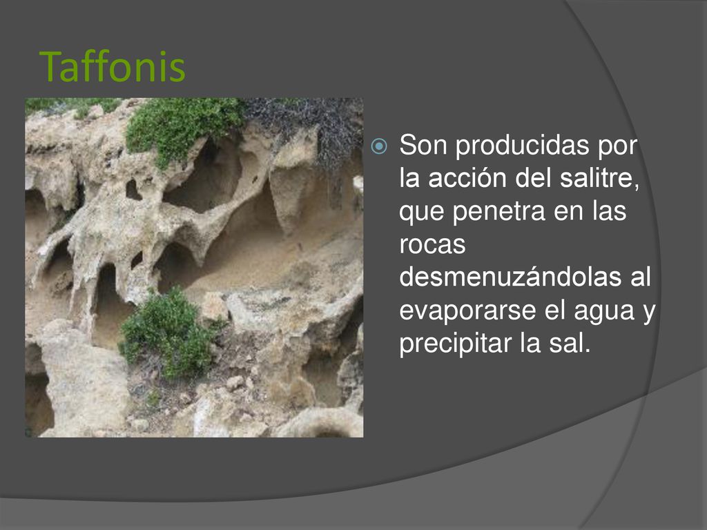 Taffonis Son producidas por la acción del salitre, que penetra en las rocas desmenuzándolas al evaporarse el agua y precipitar la sal.