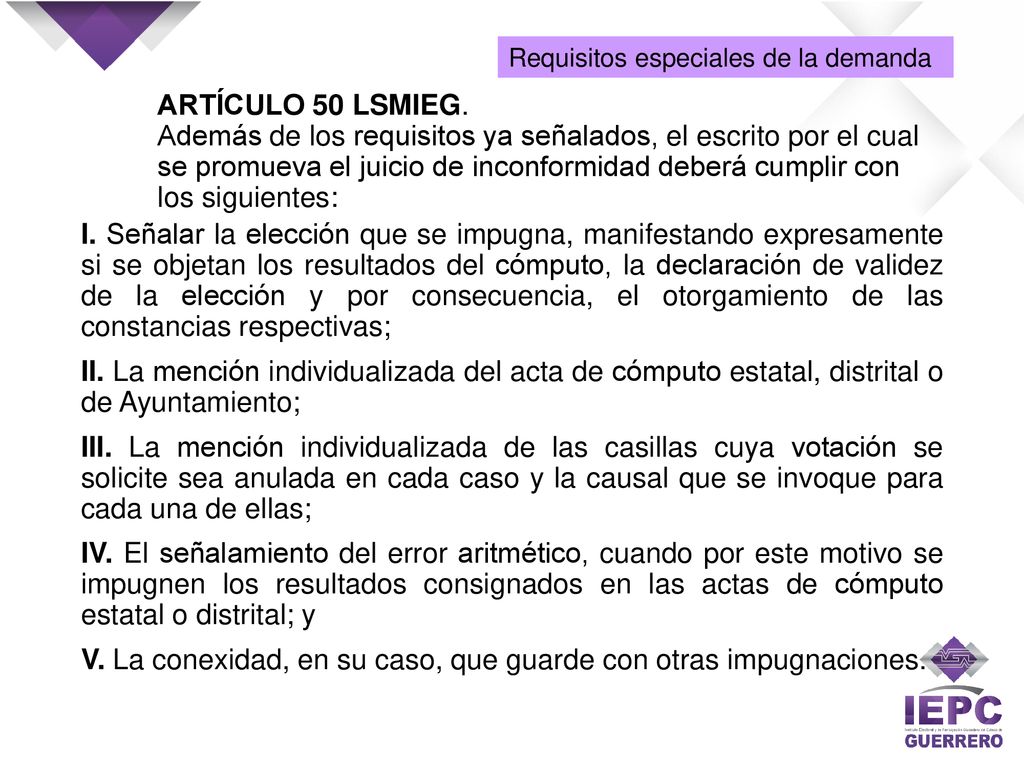 V. La conexidad, en su caso, que guarde con otras impugnaciones.