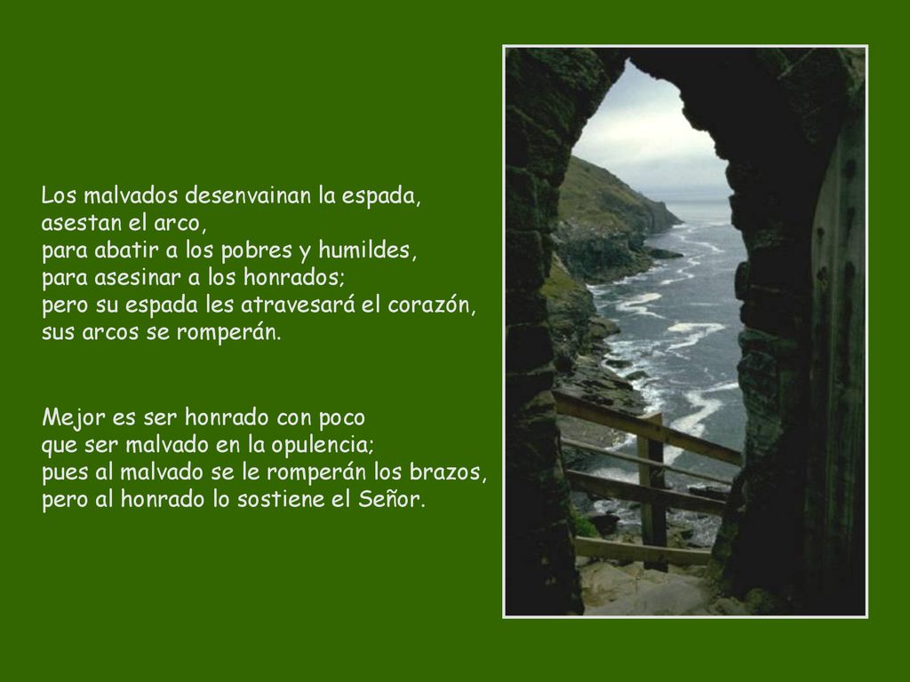 Los malvados desenvainan la espada, asestan el arco, para abatir a los pobres y humildes, para asesinar a los honrados; pero su espada les atravesará el corazón, sus arcos se romperán.