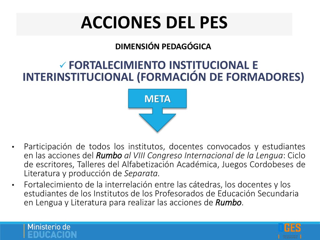 ACCIONES DEL PES DIMENSIÓN PEDAGÓGICA. FORTALECIMIENTO INSTITUCIONAL E INTERINSTITUCIONAL (FORMACIÓN DE FORMADORES)