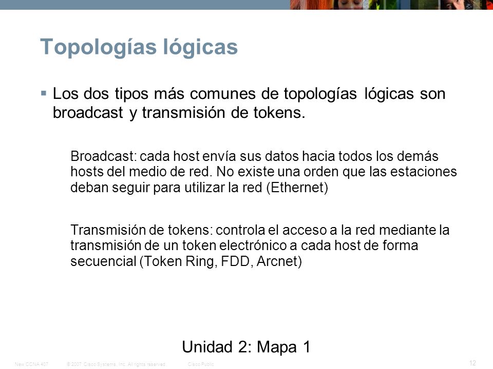 Topologías lógicas Los dos tipos más comunes de topologías lógicas son broadcast y transmisión de tokens.