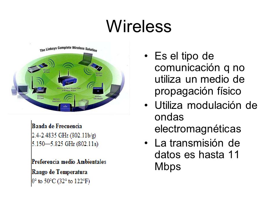 Wireless Es el tipo de comunicación q no utiliza un medio de propagación físico. Utiliza modulación de ondas electromagnéticas.