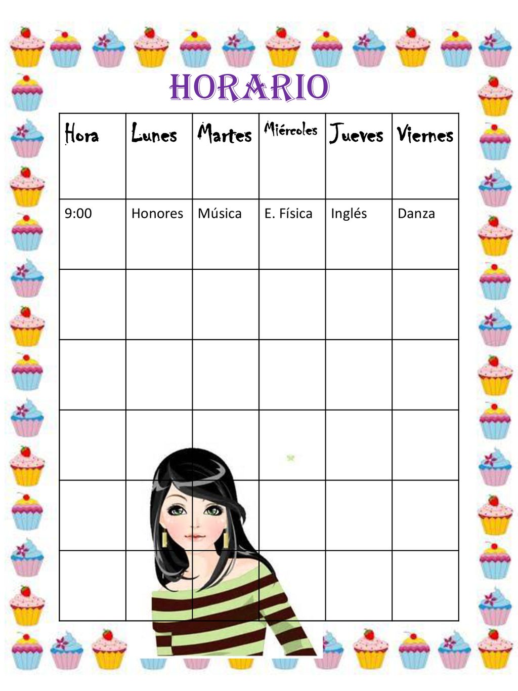 HORARIO Hora Lunes Martes Jueves Viernes Miércoles 9:00 Honores Música