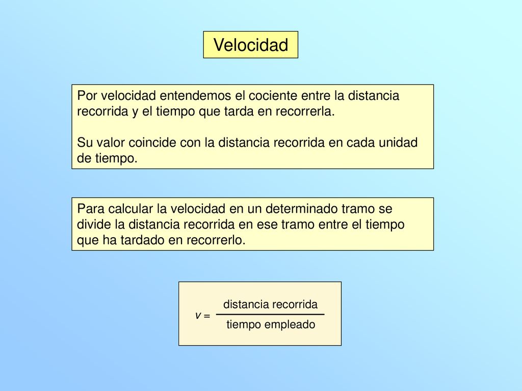 Velocidad Por velocidad entendemos el cociente entre la distancia recorrida y el tiempo que tarda en recorrerla.