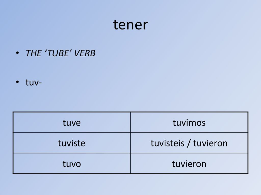tener THE ‘TUBE’ VERB tuv- tuve tuvimos tuviste tuvisteis / tuvieron