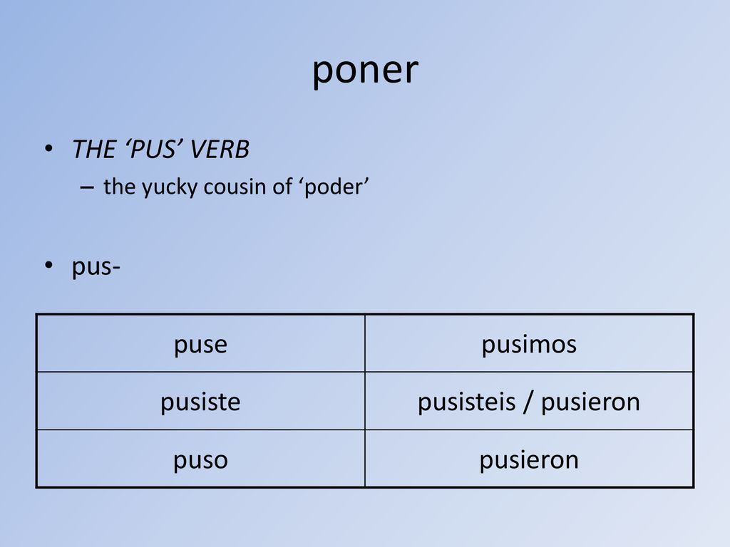 poner THE ‘PUS’ VERB pus- puse pusimos pusiste pusisteis / pusieron