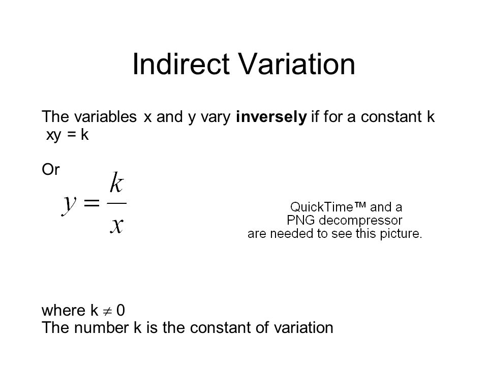 Indirect Variation The variables x and y vary inversely if for a constant k. xy = k. Or. where k  0.