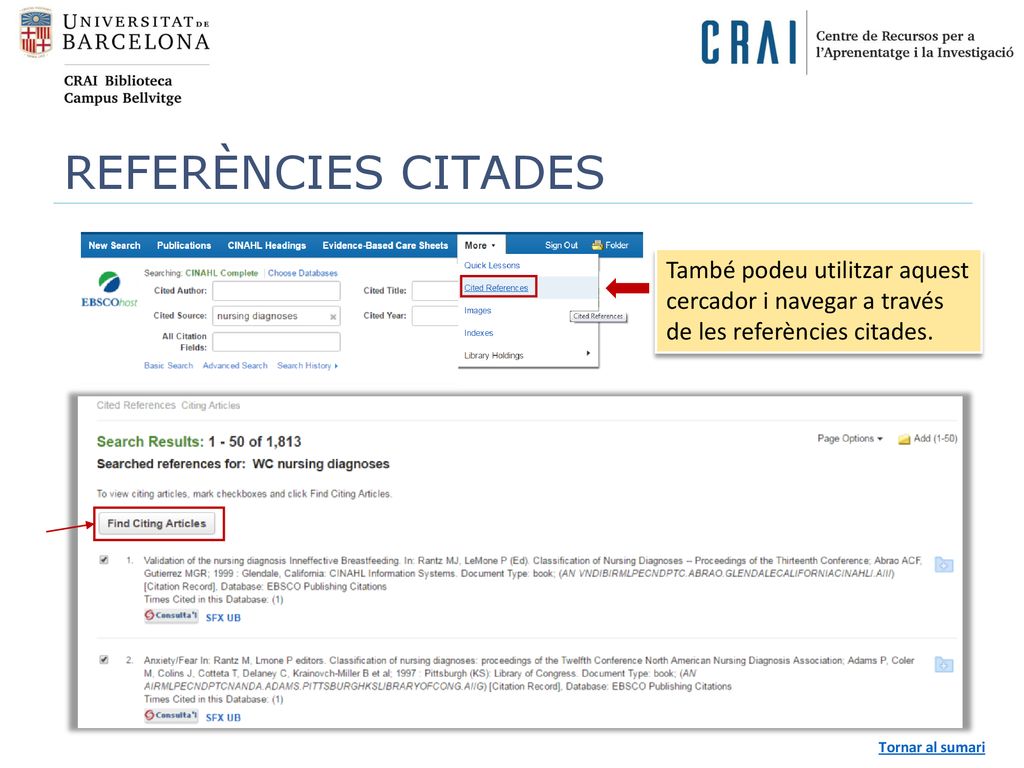 REFERÈNCIES CITADES També podeu utilitzar aquest cercador i navegar a través de les referències citades.