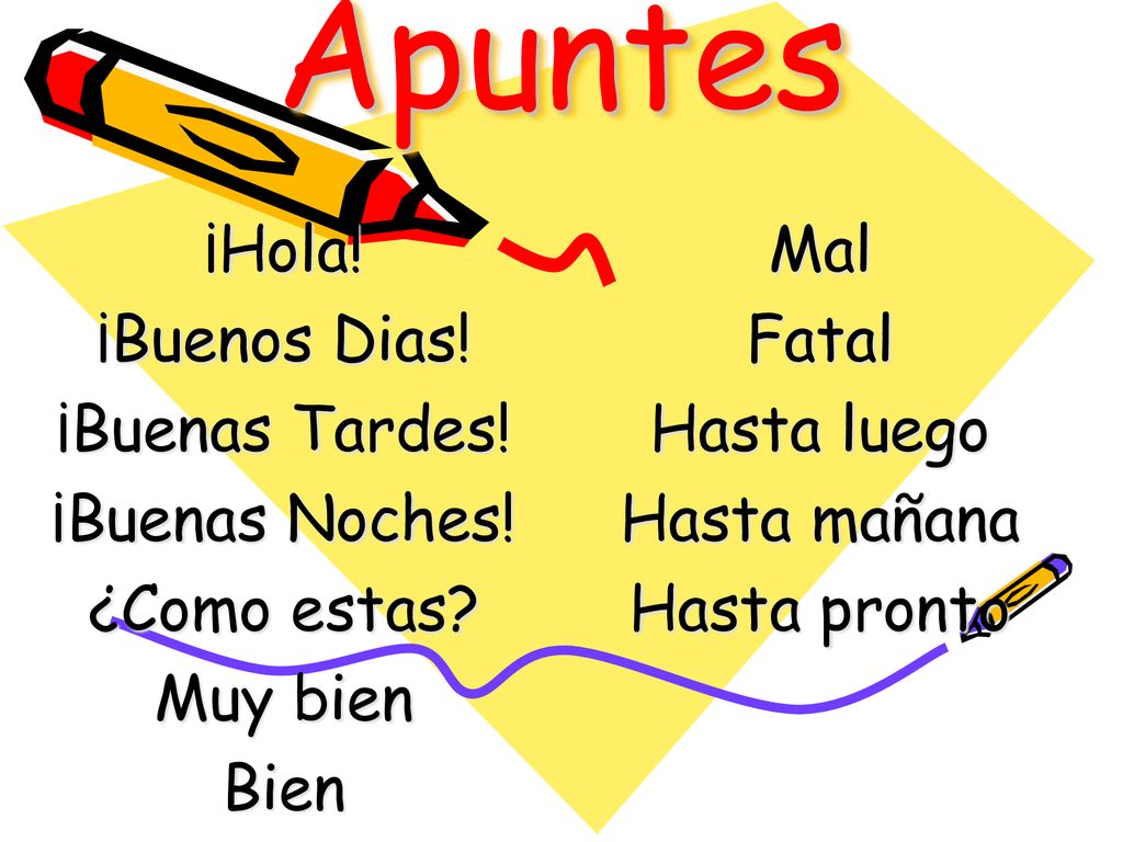 Apuntes ¡Hola! Mal ¡Buenos Dias! Fatal ¡Buenas Tardes! Hasta luego