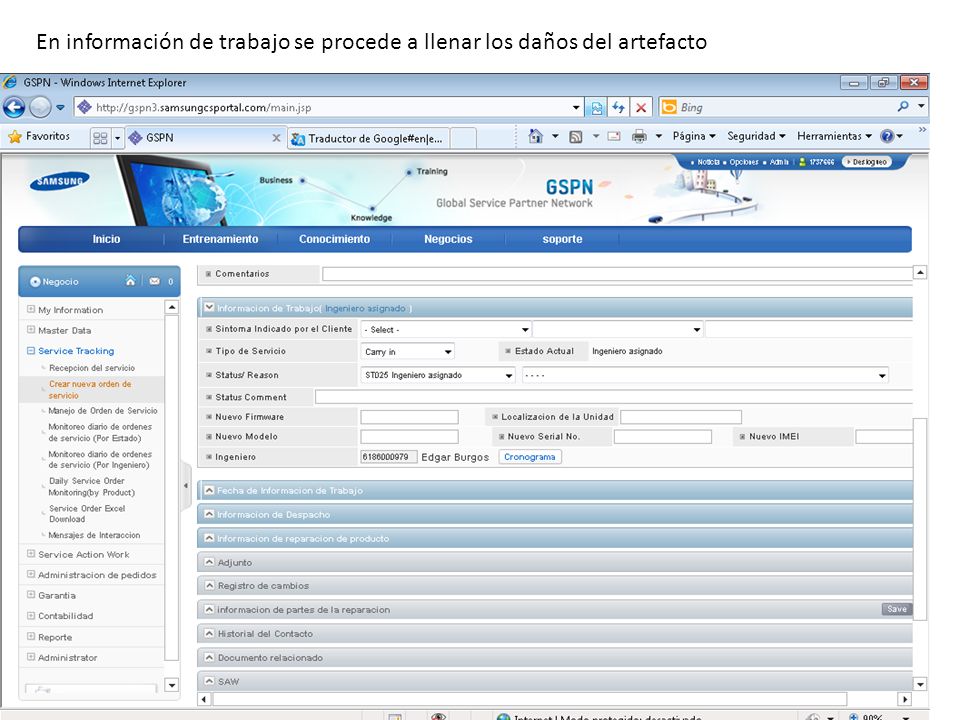 En información de trabajo se procede a llenar los daños del artefacto