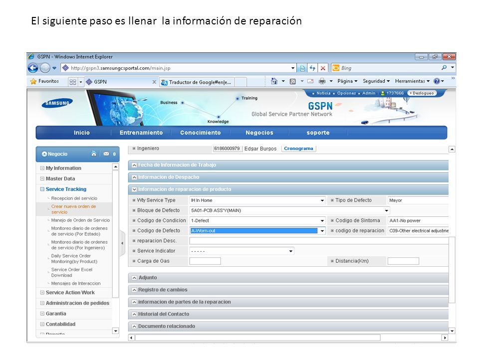 El siguiente paso es llenar la información de reparación