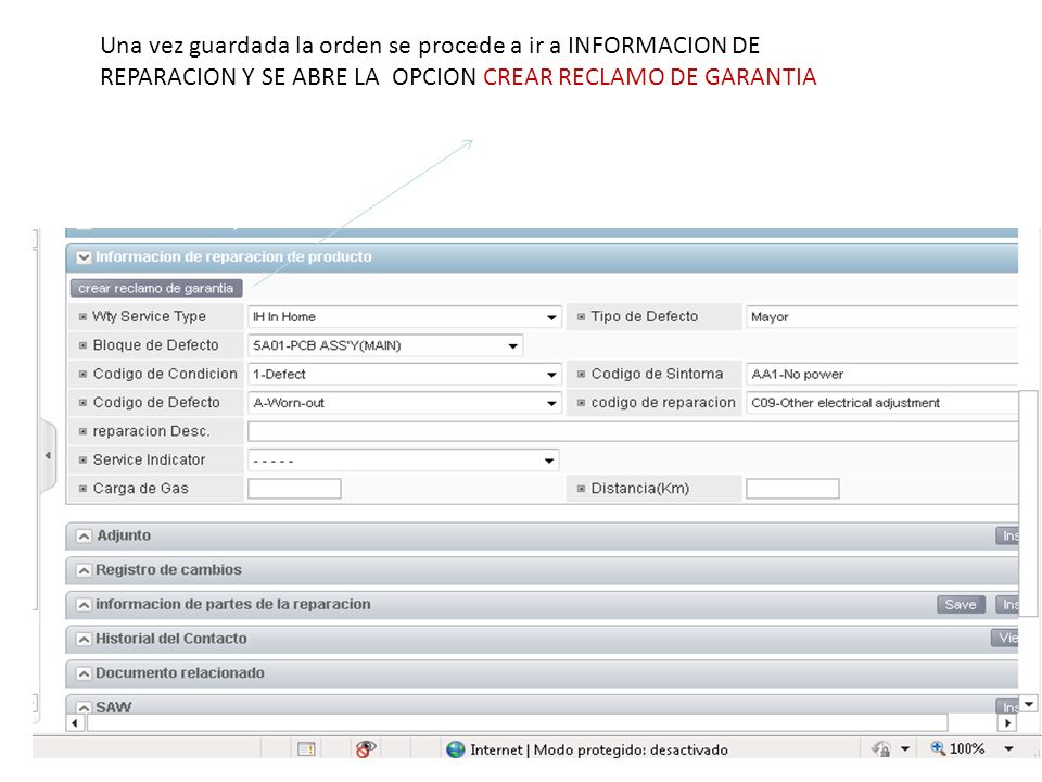 Una vez guardada la orden se procede a ir a INFORMACION DE REPARACION Y SE ABRE LA OPCION CREAR RECLAMO DE GARANTIA