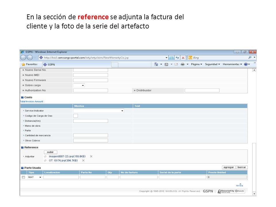 En la sección de reference se adjunta la factura del cliente y la foto de la serie del artefacto