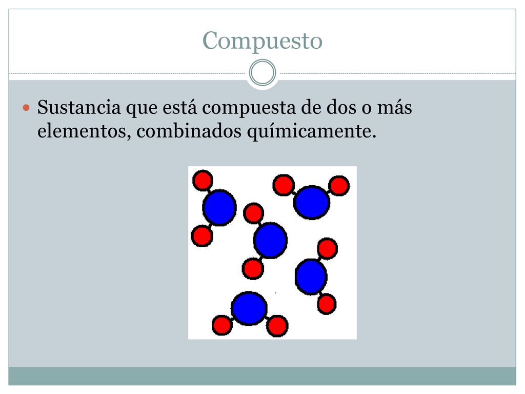 Compuesto Sustancia que está compuesta de dos o más elementos, combinados químicamente.