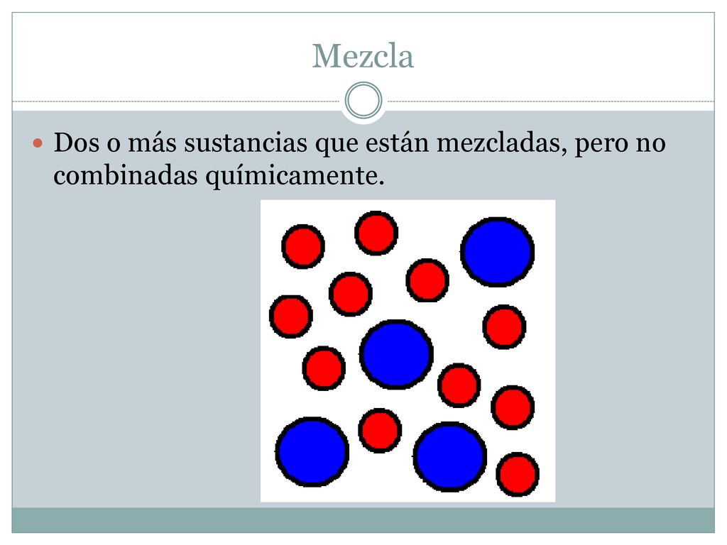 Mezcla Dos o más sustancias que están mezcladas, pero no combinadas químicamente.