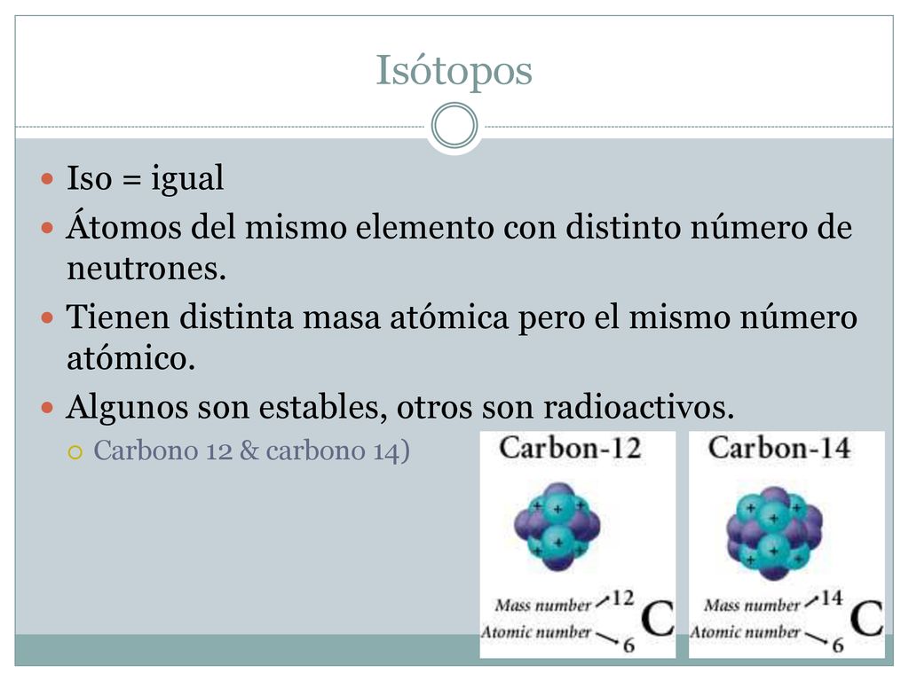 Isótopos Iso = igual. Átomos del mismo elemento con distinto número de neutrones. Tienen distinta masa atómica pero el mismo número atómico.