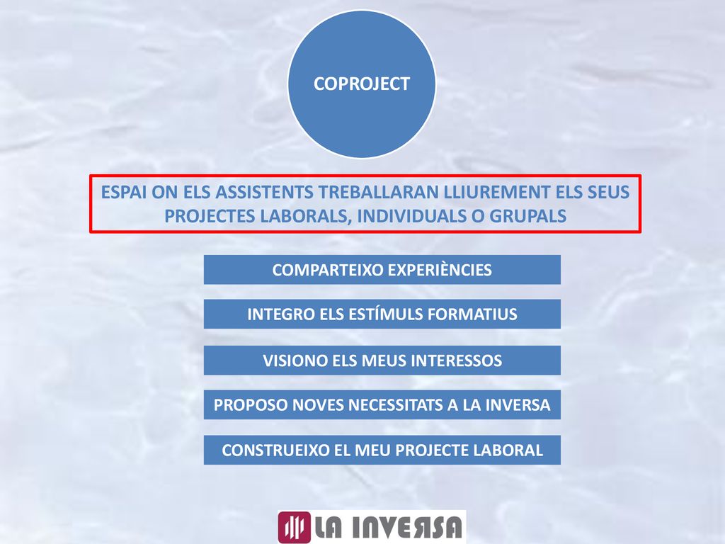 COPROJECT ESPAI ON ELS ASSISTENTS TREBALLARAN LLIUREMENT ELS SEUS PROJECTES LABORALS, INDIVIDUALS O GRUPALS.