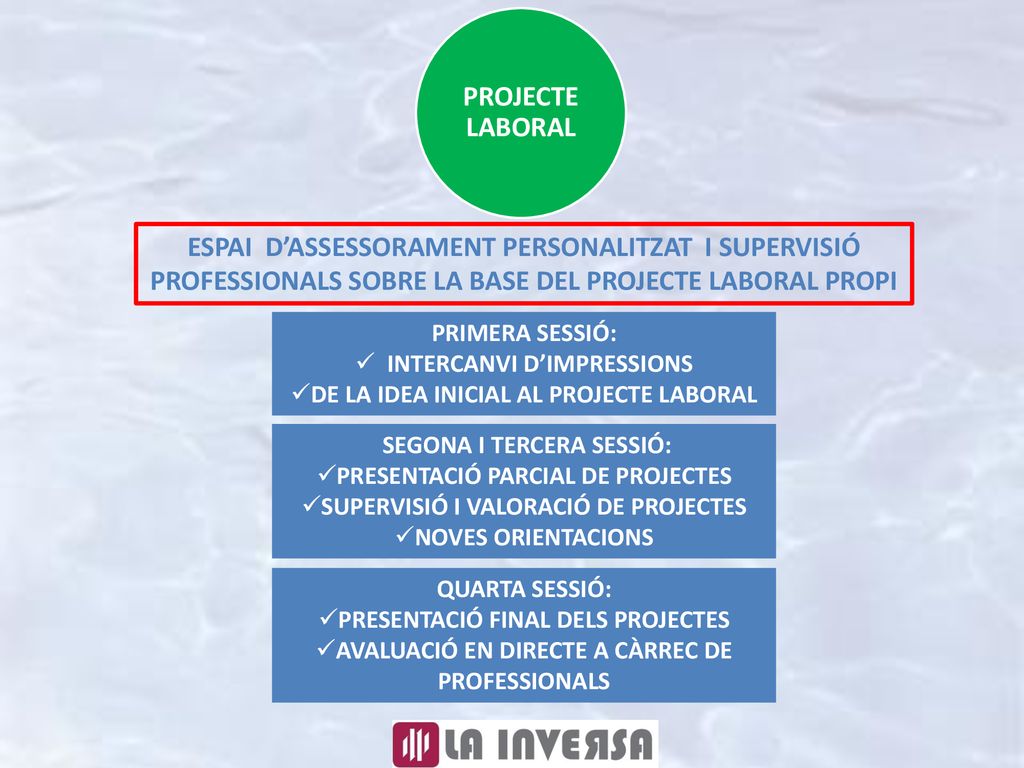 PROJECTE LABORAL ESPAI D’ASSESSORAMENT PERSONALITZAT I SUPERVISIÓ PROFESSIONALS SOBRE LA BASE DEL PROJECTE LABORAL PROPI.