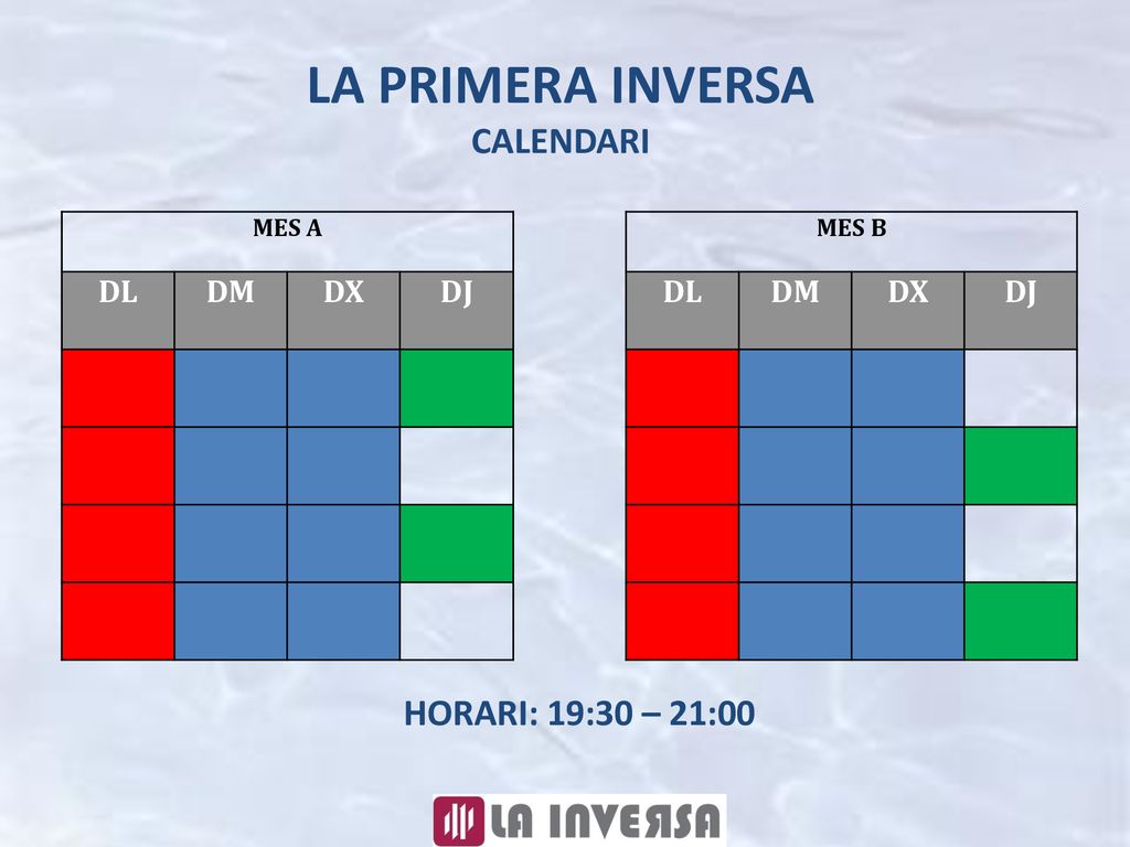 LA PRIMERA INVERSA CALENDARI HORARI: 19:30 – 21:00 DL DM DX DJ MES A