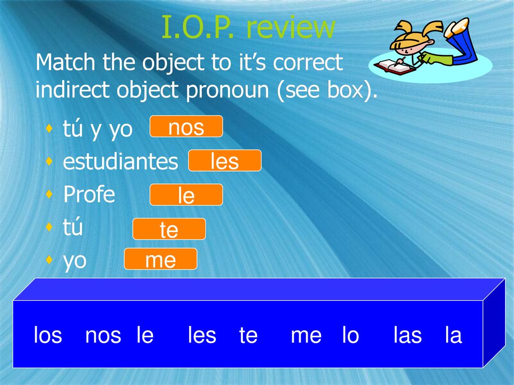 Match the object to it’s correct indirect object pronoun (see box).