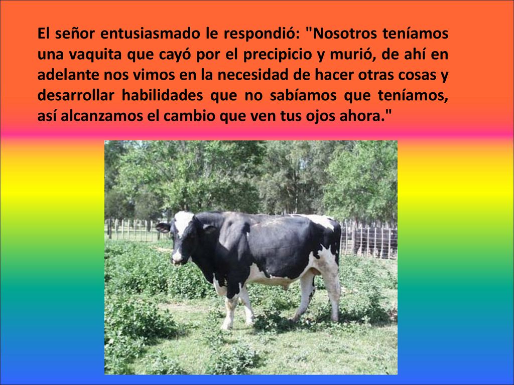 El señor entusiasmado le respondió: Nosotros teníamos una vaquita que cayó por el precipicio y murió, de ahí en adelante nos vimos en la necesidad de hacer otras cosas y desarrollar habilidades que no sabíamos que teníamos, así alcanzamos el cambio que ven tus ojos ahora.