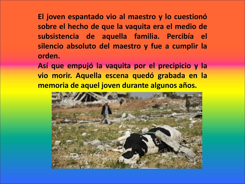 El joven espantado vio al maestro y lo cuestionó sobre el hecho de que la vaquita era el medio de subsistencia de aquella familia. Percibía el silencio absoluto del maestro y fue a cumplir la orden.