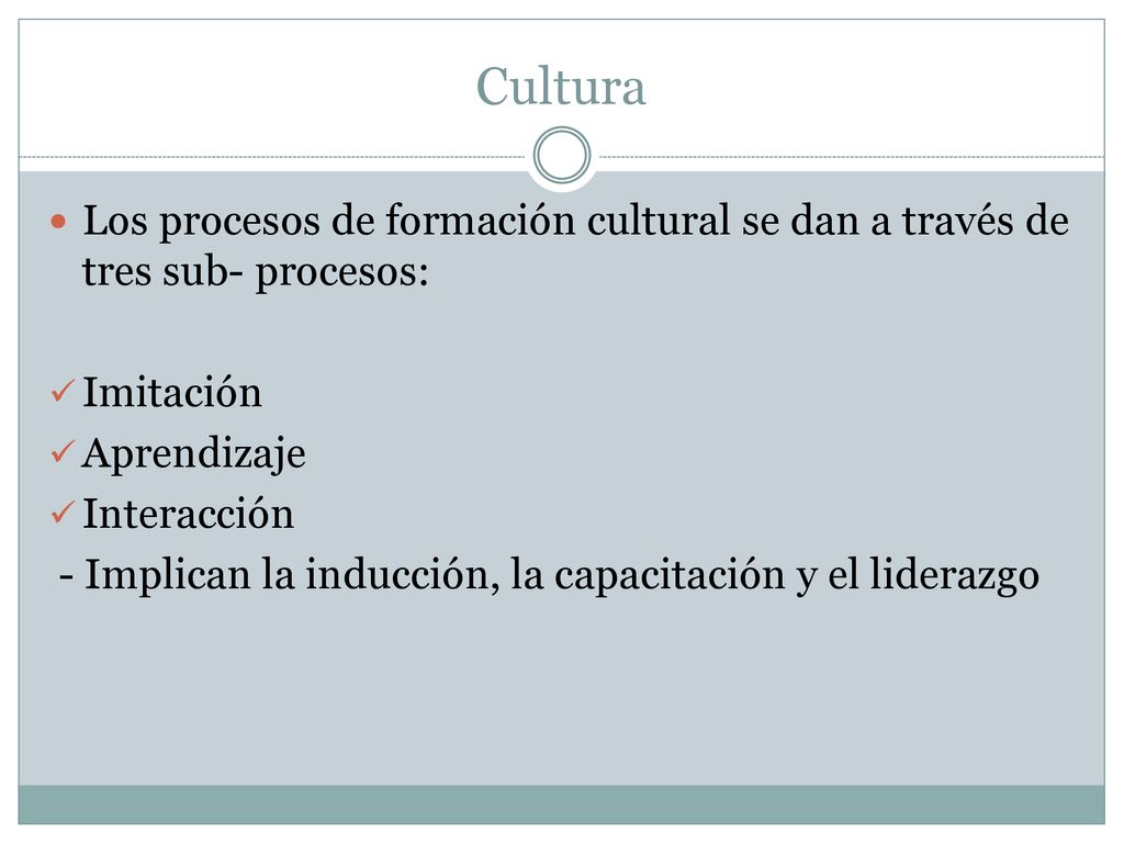 Cultura Los procesos de formación cultural se dan a través de tres sub- procesos: Imitación. Aprendizaje.