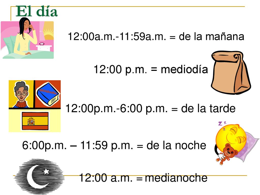 El día 12:00 p.m. = mediodía 12:00p.m.-6:00 p.m. = de la tarde