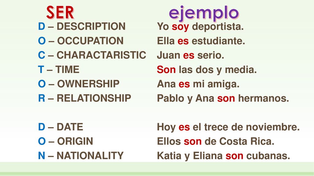 SER ejemplo D – DESCRIPTION O – OCCUPATION C – CHARACTARISTIC T – TIME
