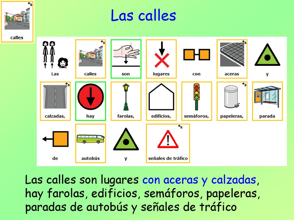 Las calles Las calles son lugares con aceras y calzadas, hay farolas, edificios, semáforos, papeleras, paradas de autobús y señales de tráfico.
