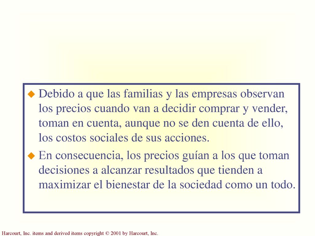 Debido a que las familias y las empresas observan los precios cuando van a decidir comprar y vender, toman en cuenta, aunque no se den cuenta de ello, los costos sociales de sus acciones.