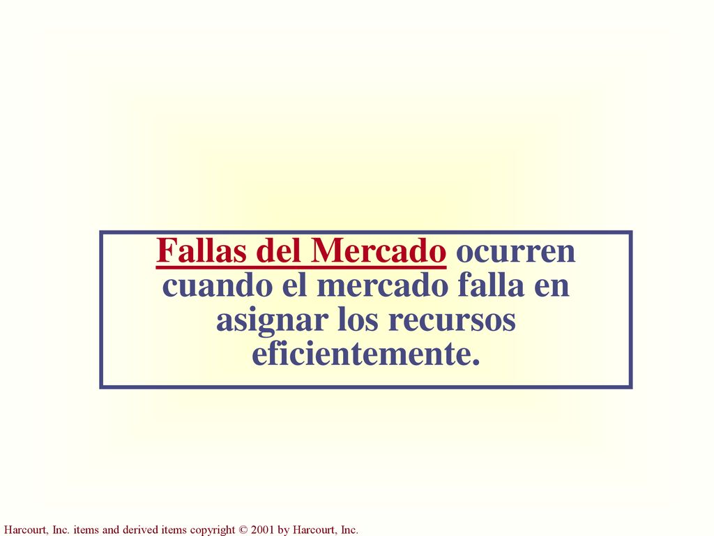 Fallas del Mercado ocurren cuando el mercado falla en asignar los recursos eficientemente.