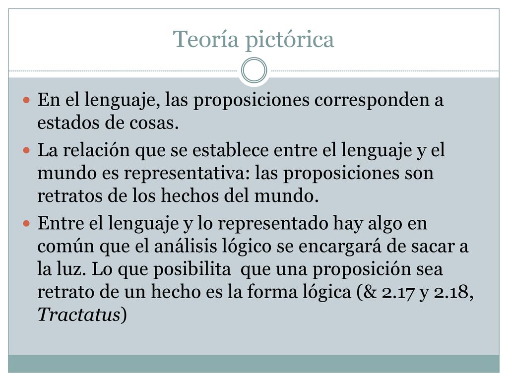 Teoría pictórica En el lenguaje, las proposiciones corresponden a estados de cosas.