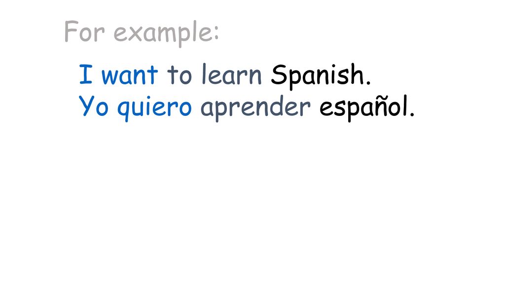 For example: I want to learn Spanish. Yo quiero aprender español.