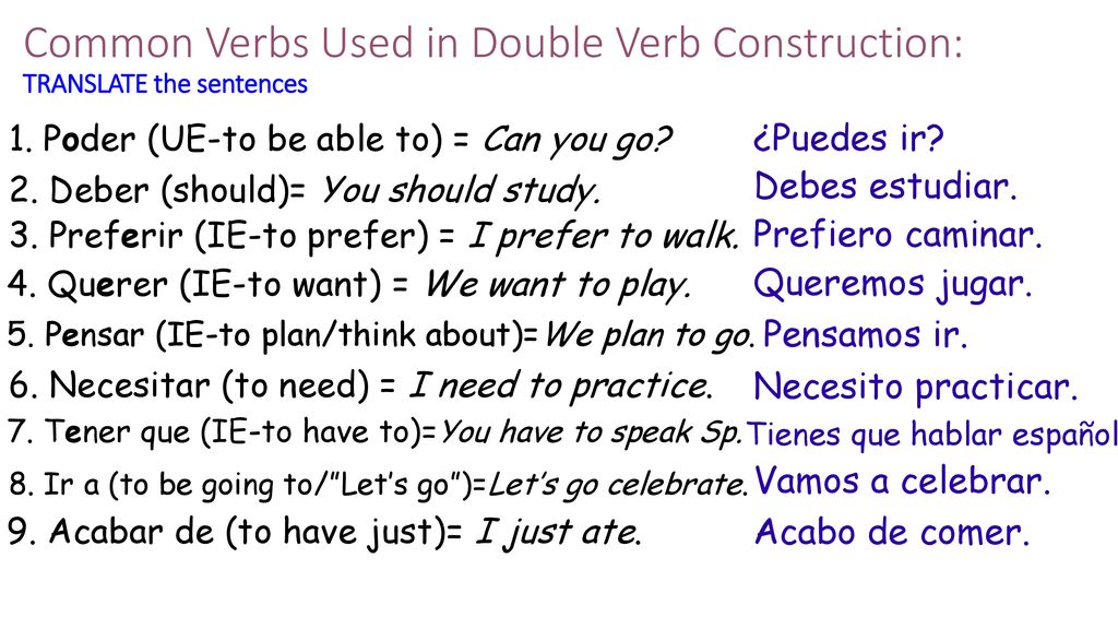 Common Verbs Used in Double Verb Construction: TRANSLATE the sentences