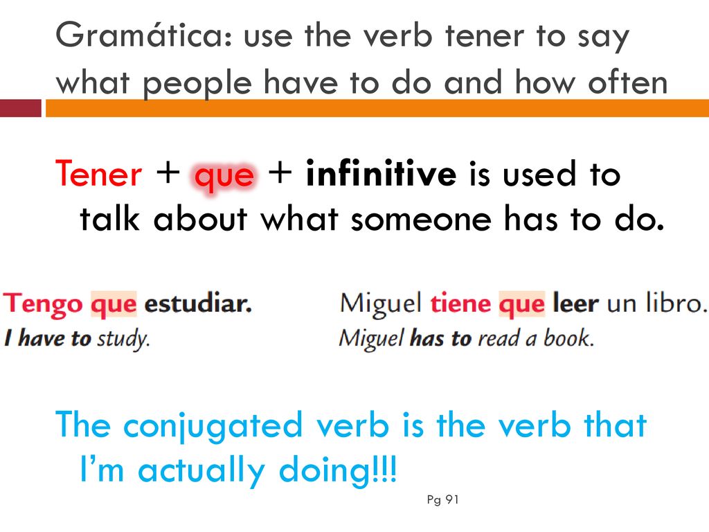 Gramática: use the verb tener to say what people have to do and how often
