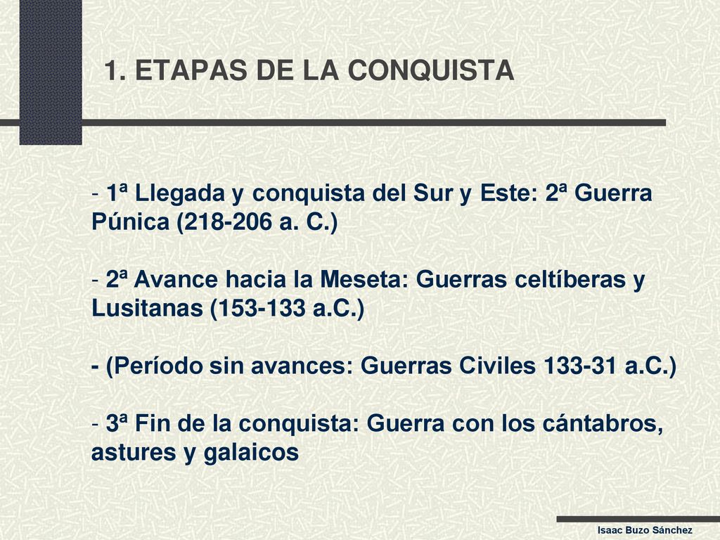 1. ETAPAS DE LA CONQUISTA 1ª Llegada y conquista del Sur y Este: 2ª Guerra. Púnica ( a. C.)