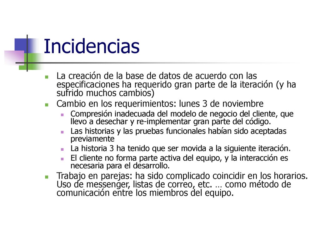 Incidencias La creación de la base de datos de acuerdo con las especificaciones ha requerido gran parte de la iteración (y ha sufrido muchos cambios)