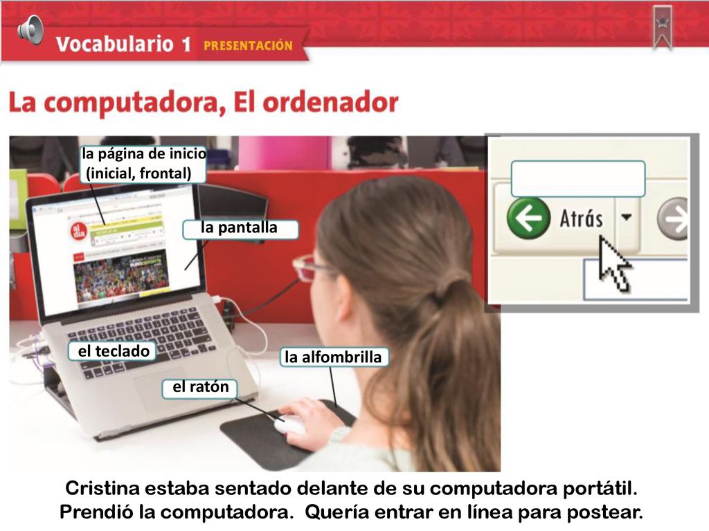 Cristina estaba sentado delante de su computadora portátil.