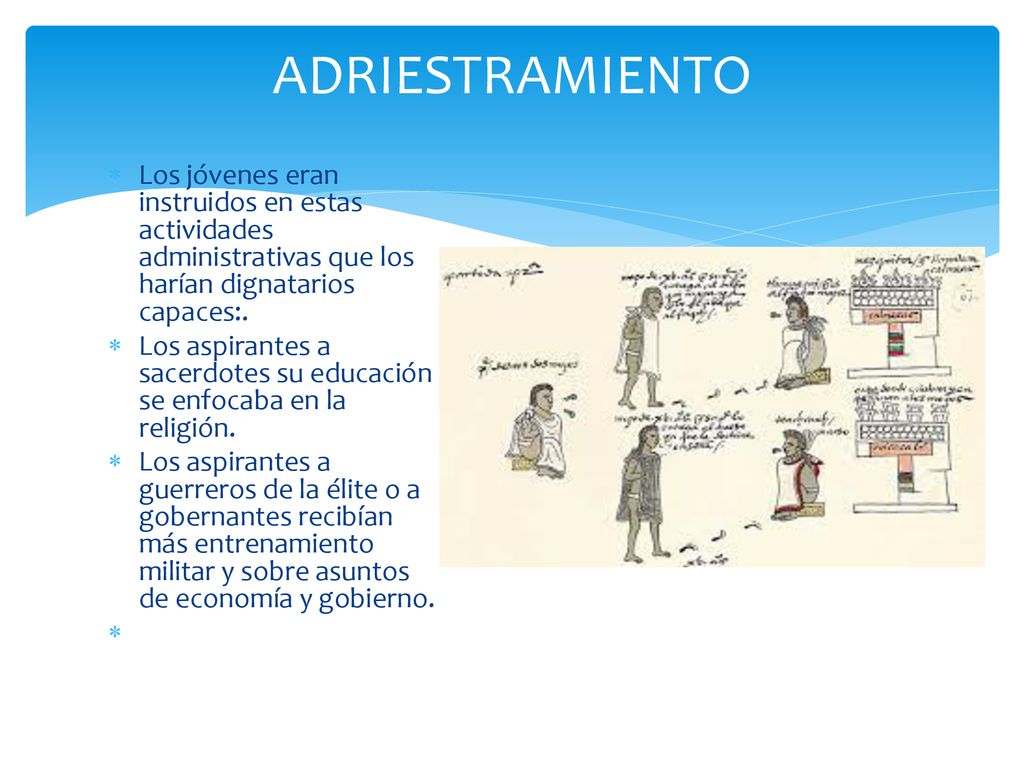 ADRIESTRAMIENTO Los jóvenes eran instruidos en estas actividades administrativas que los harían dignatarios capaces:.