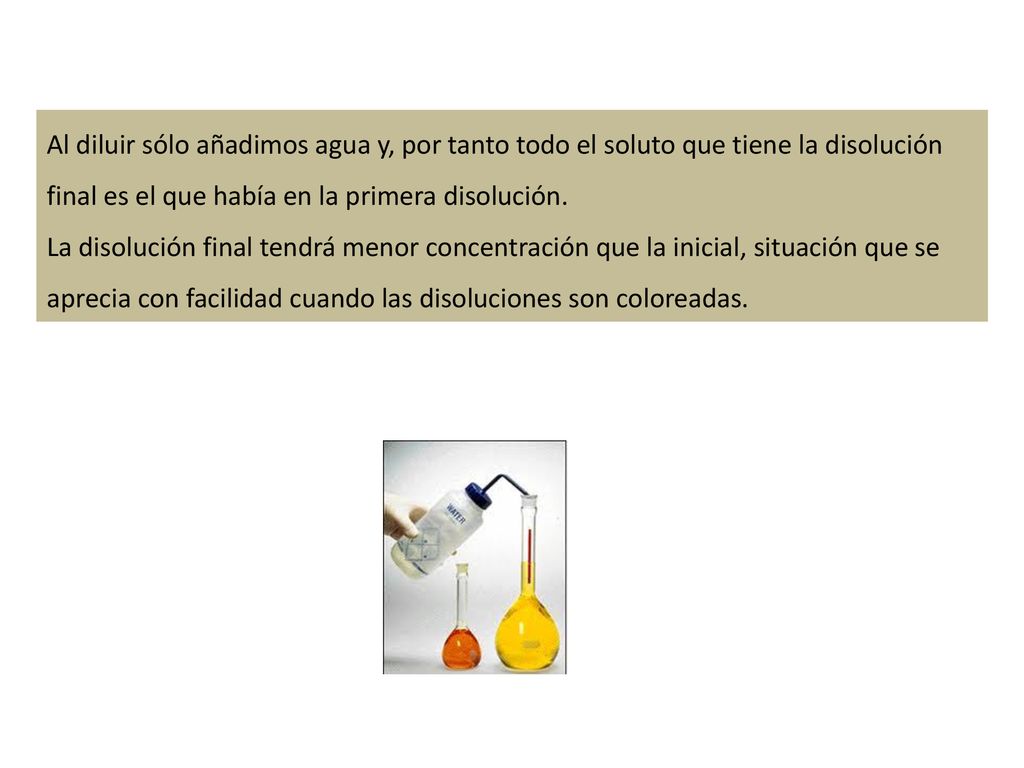 Al diluir sólo añadimos agua y, por tanto todo el soluto que tiene la disolución final es el que había en la primera disolución.