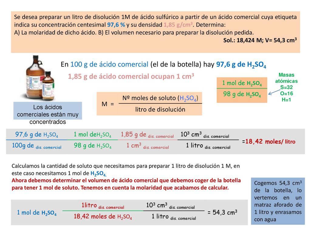 En 100 g de ácido comercial (el de la botella) hay 97,6 g de H2SO4