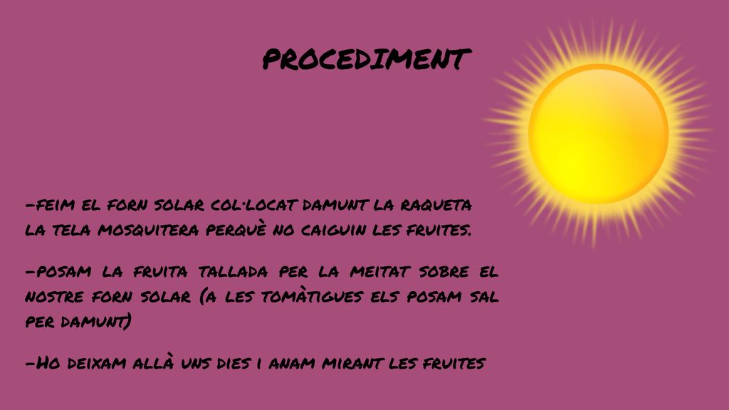 PROCEDIMENT -feim el forn solar col·locat damunt la raqueta la tela mosquitera perquè no caiguin les fruites.