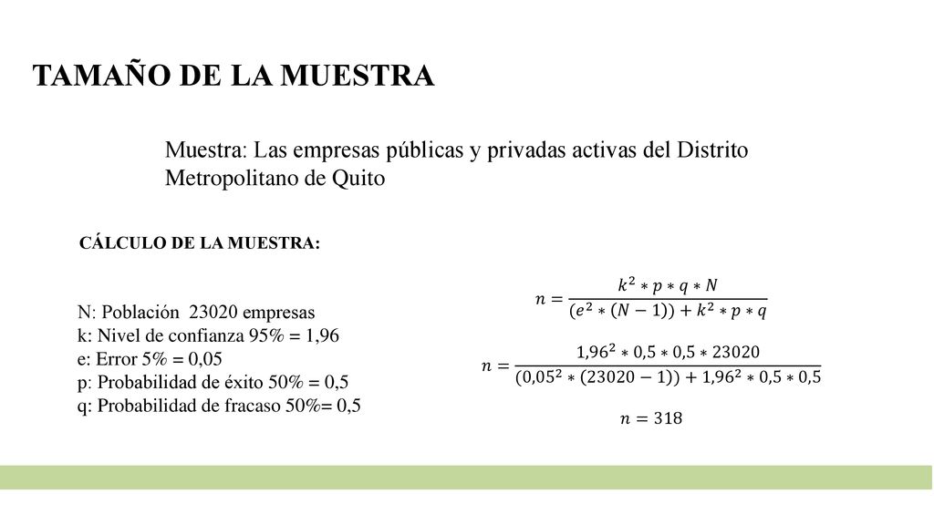 TAMAÑO DE LA MUESTRA Muestra: Las empresas públicas y privadas activas del Distrito Metropolitano de Quito.