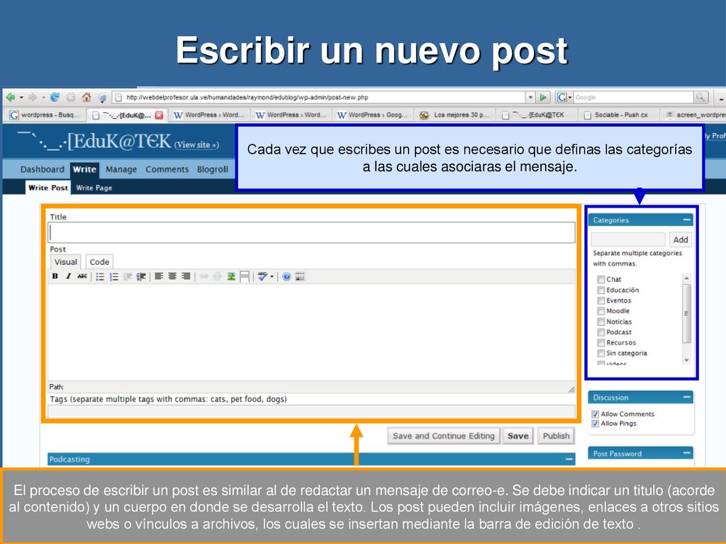 Escribir un nuevo post Cada vez que escribes un post es necesario que definas las categorías a las cuales asociaras el mensaje.