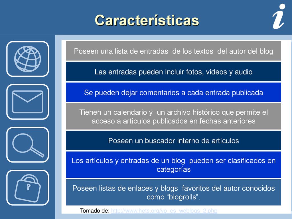 Características Poseen una lista de entradas de los textos del autor del blog. Las entradas pueden incluir fotos, videos y audio.